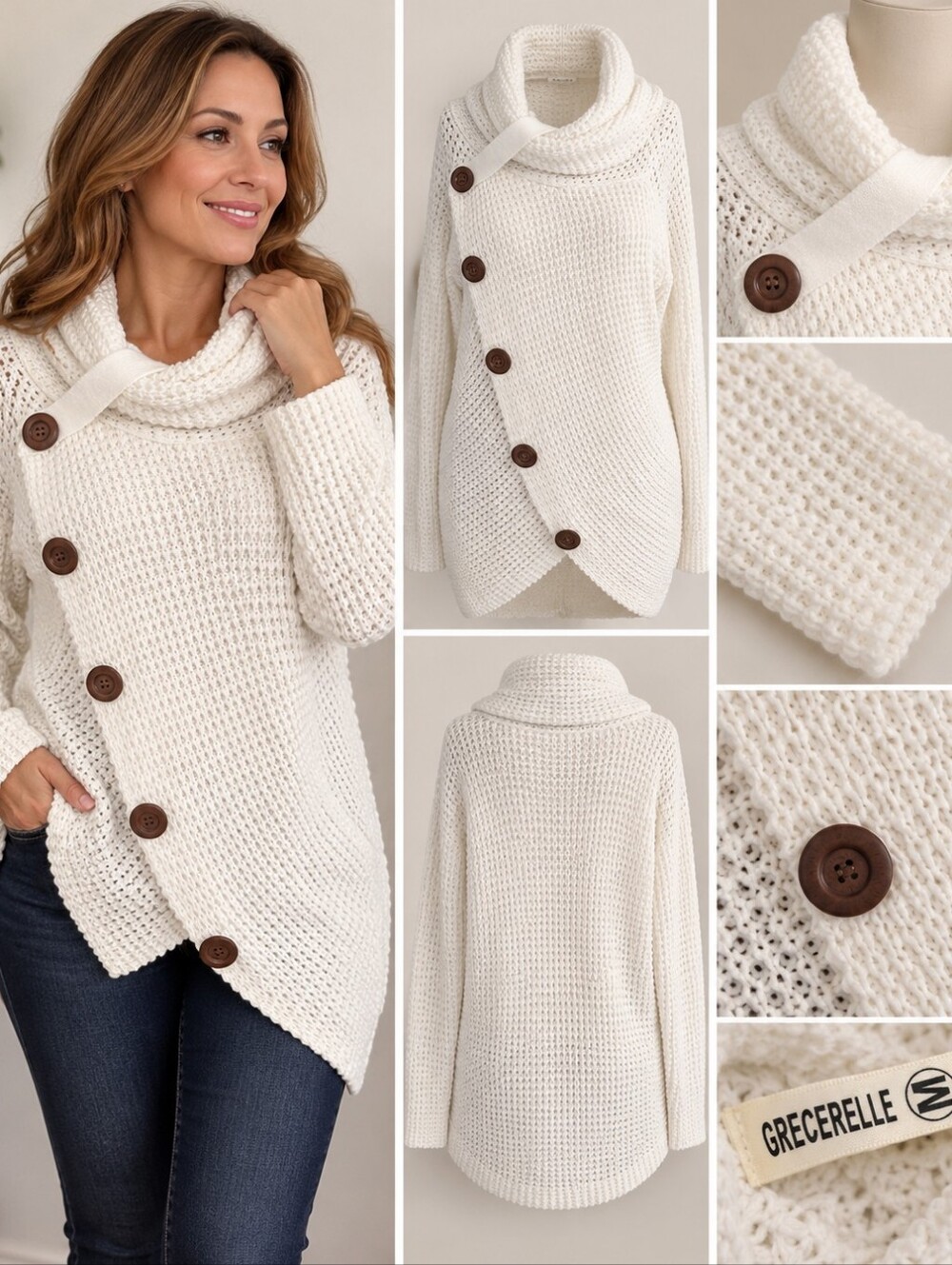 Button-Accent white Knit Sweater